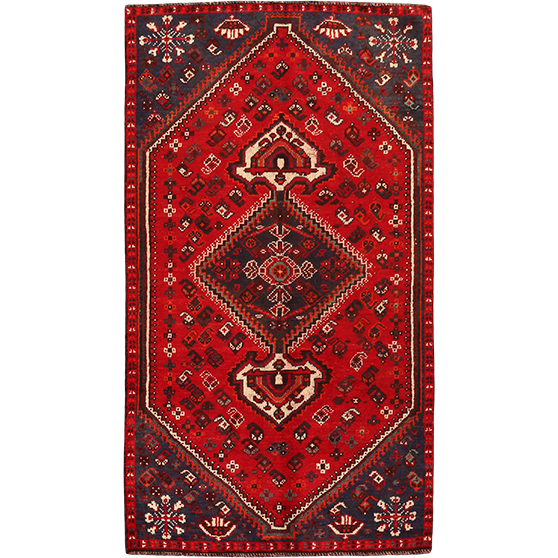 Shiraz Persian Rug 7x3 ft - Semi Antique Geometric Blue, Red Hand Knotted | front view | SKU 111494
