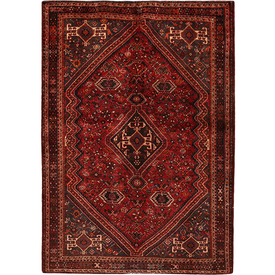Shiraz Persian Rug 7x5 ft - Semi Antique Medallion Geometric Madder Red, Dark Red, Burgundy Hand Knotted | front view | SKU 111496