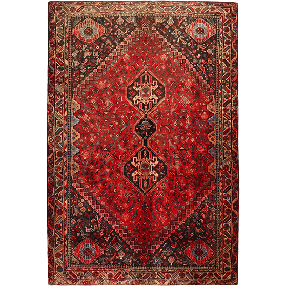 Shiraz Persian Rug 8x5 ft - Semi Antique Medallion Geometric Madder Red, Dark Red, Brown Hand Knotted | front view | SKU 111497
