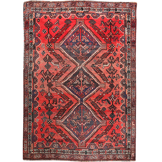 Shiraz Persian Rug 8x5 ft - Semi Antique Geometric Blue, Red Hand Knotted | front view | SKU 111499