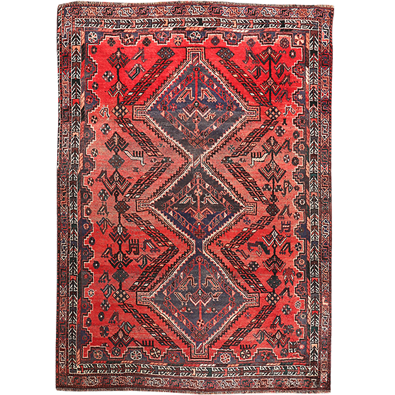 Shiraz Persian Rug 8x5 ft - Semi Antique Geometric, Diamond Lattice Madder Red, Dark Red, Navy Blue Hand Knotted | front view | SKU 111499