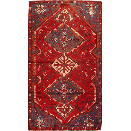 Shiraz Persian Rug 6'12" x 3'9" - Semi Antique Geometric Blue, Red Hand Knotted | front view | SKU 111503