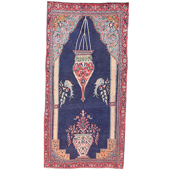 Semnan Persian Rug 6x3 ft - Semi Antique Medallion Crimson, Navy Blue Hand Knotted | front view | SKU 111506