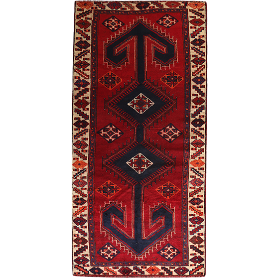 Shiraz Persian Rug 8'7" x 3'11" - Semi Antique Geometric Blue, Red Hand Knotted | front view | SKU 111512