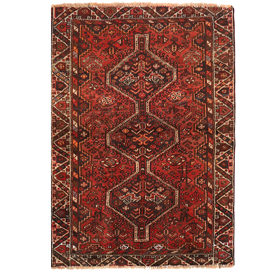 Shiraz Persian Rug 4'10" x 3'3" - Semi Antique Geometric Blue, Red Hand Knotted | front view | SKU 111516
