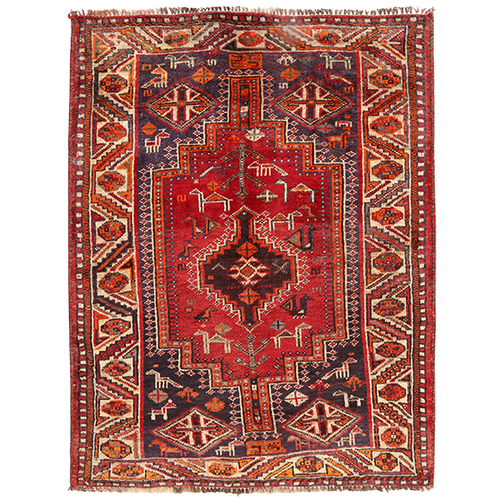 Shiraz Persian Rug 5'0" x 3'7" - Semi Antique Geometric Blue, Red Hand Knotted | front view | SKU 111518