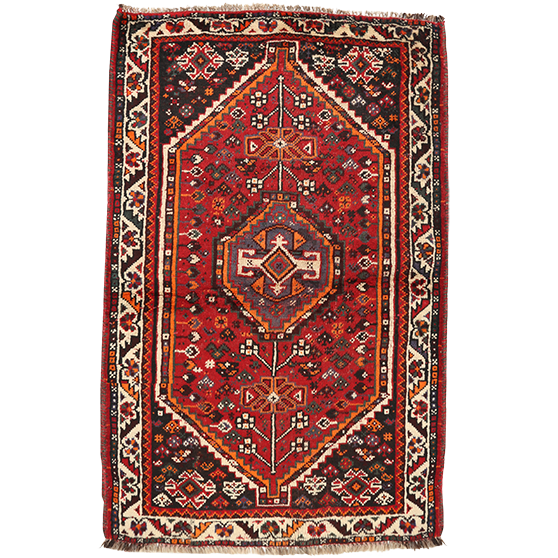 Shiraz Persian Rug 4'2" x 2'7" - Semi Antique Geometric Blue, Red Hand Knotted | front view | SKU 111519