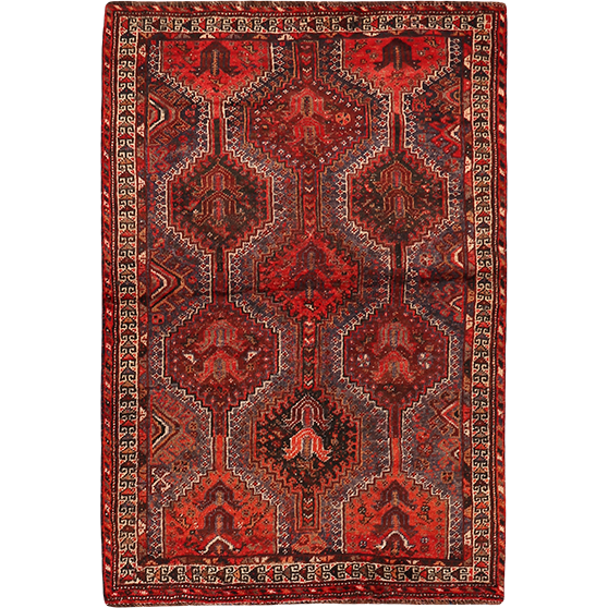 Shiraz Persian Rug 5x3 ft - Semi Antique Geometric Blue, Red Hand Knotted | front view | SKU 111521