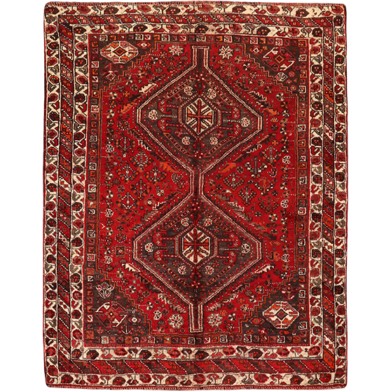 Shiraz Persian Rug 6'3" x 4'10" - Semi Antique Geometric Blue, Red Hand Knotted | front view | SKU 111522