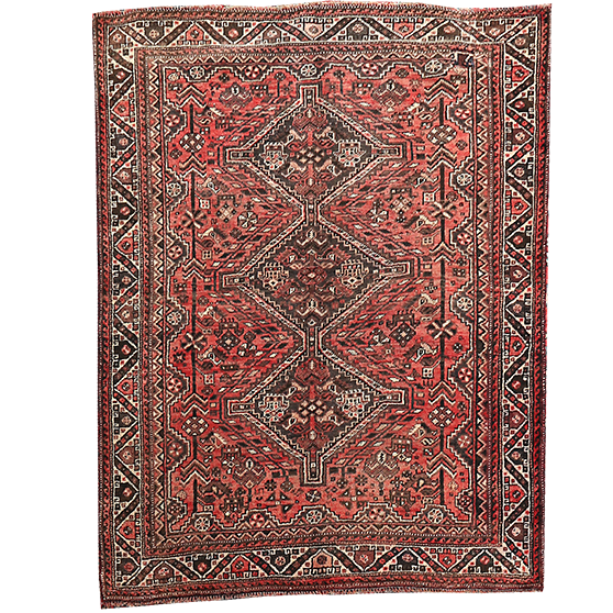 Shiraz Persian Rug 6'3" x 4'11" - Semi Antique Geometric Blue, Red Hand Knotted | front view | SKU 111526