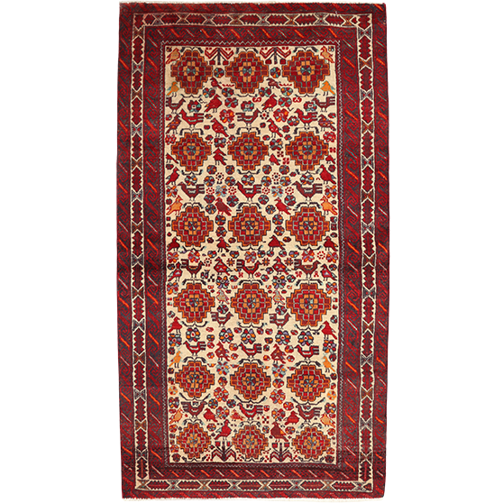 Baluch Persian Rug 5x3 ft - Semi Antique Mihrab Red, Blue Hand Knotted | front view | SKU 111527
