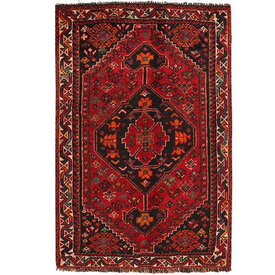 Shiraz Persian Rug 4x2 ft - Semi Antique Geometric Blue, Red Hand Knotted | front view | SKU 111529