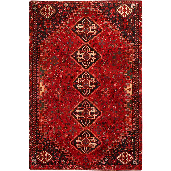 Shiraz Persian Rug 8'0" x 5'1" - Semi Antique Geometric Blue, Red Hand Knotted | front view | SKU 111534