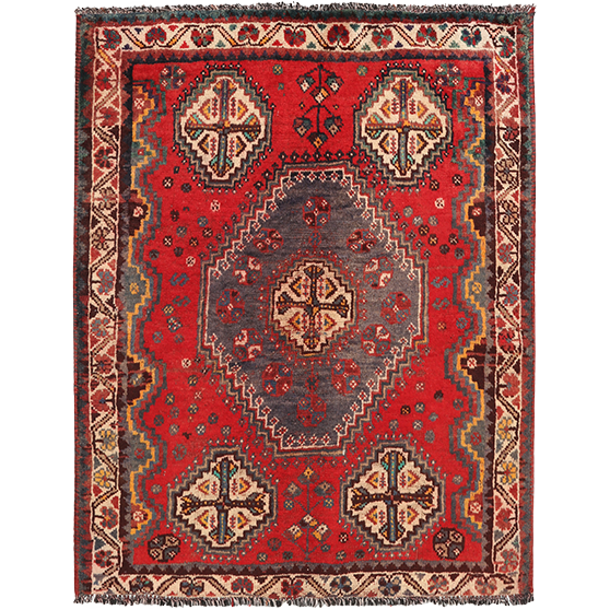 Shiraz Persian Rug 4x3 ft - Semi Antique Medallion (Toranj), Geometric Red, Dark Red, Cream Hand Knotted | front view | SKU 111535