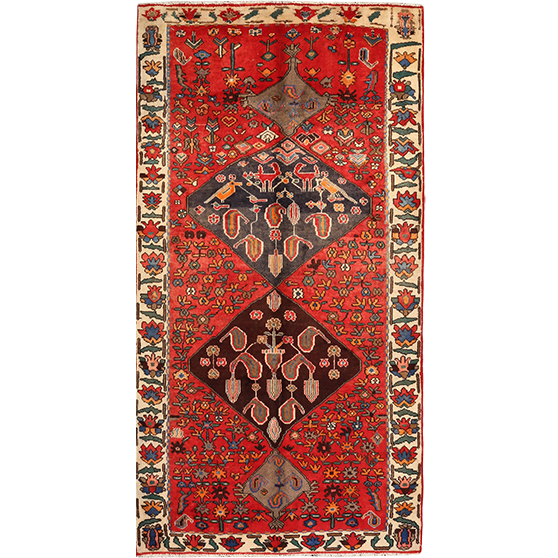Bakhtiari Persian Rug 9x4 ft - Semi Antique Medallion Toranj Geometric Madder Red Cream Navy Blue Hand Knotted | front view | SKU 111538
