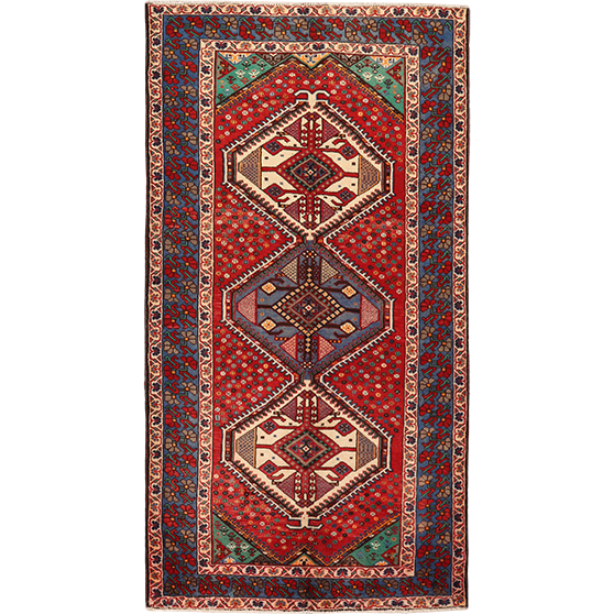 Isfahan Persian Rug 10x5 ft - Semi Antique Medallion Crimson, Cream Hand Knotted | front view | SKU 111539