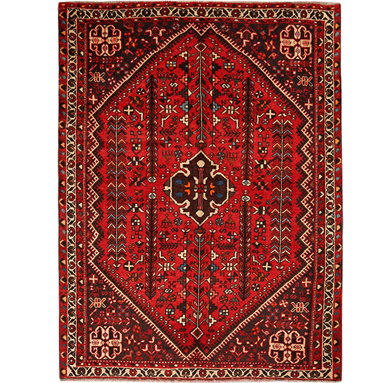 Shiraz Persian Rug 8'0" x 5'8" - Semi Antique Geometric Blue, Red Hand Knotted | front view | SKU 111543