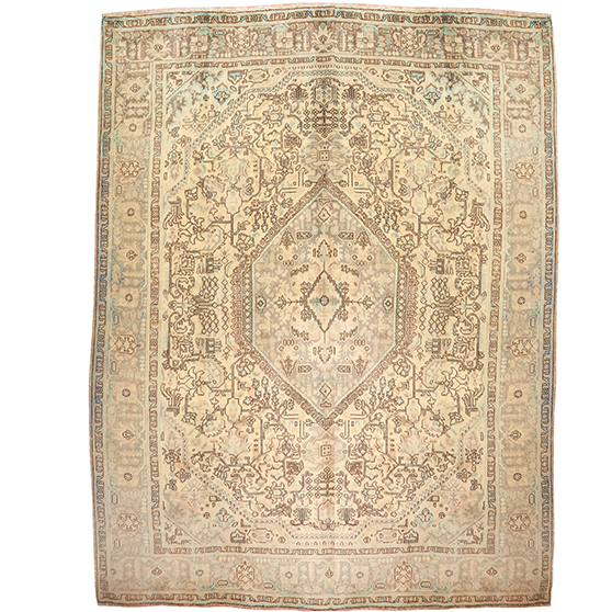 Tabriz Persian Rug 12x9 ft - Semi Antique Eslimi Medallion Cream, Beige, Camel Hand Knotted | front view | SKU 111555