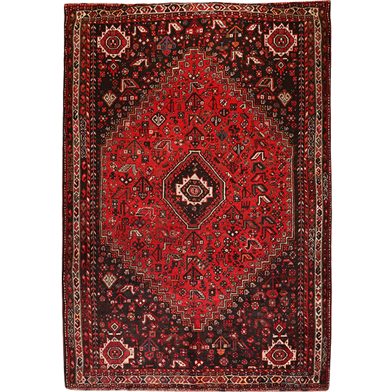 Shiraz Persian Rug 10'2" x 7'1" - Semi Antique Geometric Blue, Red Hand Knotted | front view | SKU 111556