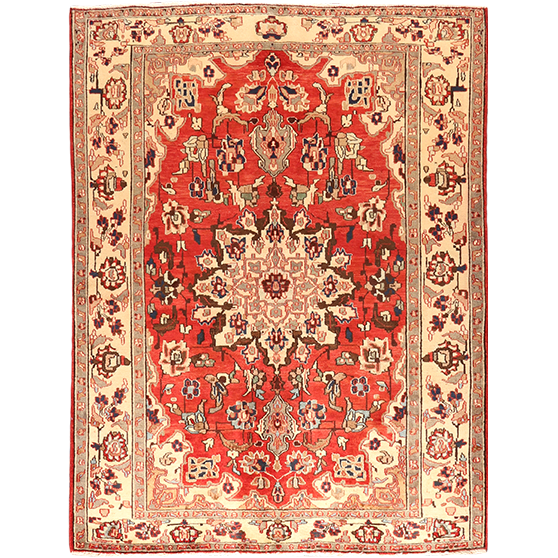 Isfahan Persian Rug 6x5 ft - Semi Antique Medallion Toranj, Shah Abbasi Crimson, Cream, Navy Blue Hand Knotted | front view | SKU 111557