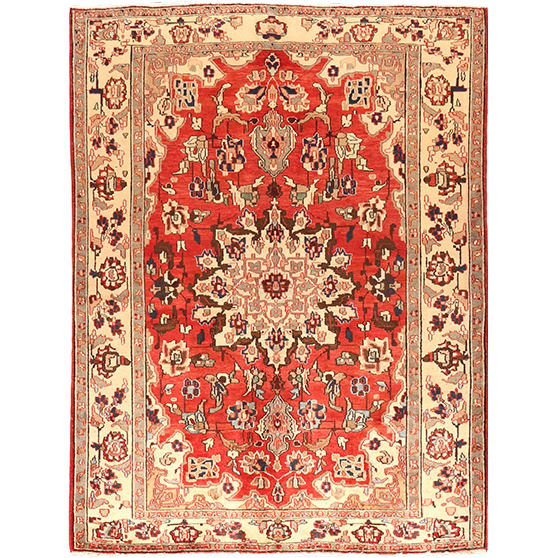 Isfahan Persian Rug 6'11" x 5'0" - Semi Antique Medallion Crimson, Cream Hand Knotted | front view | SKU 111557