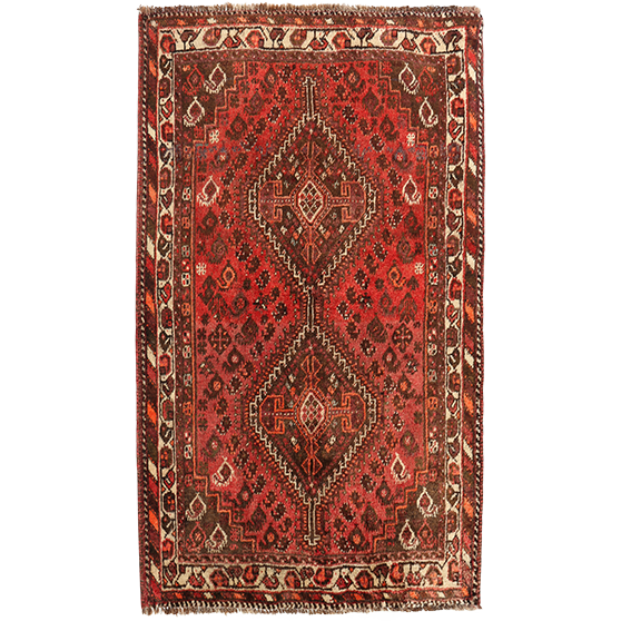 Shiraz Persian Rug 5'1" x 3'9" - Semi Antique Geometric Blue, Red Hand Knotted | front view | SKU 111558