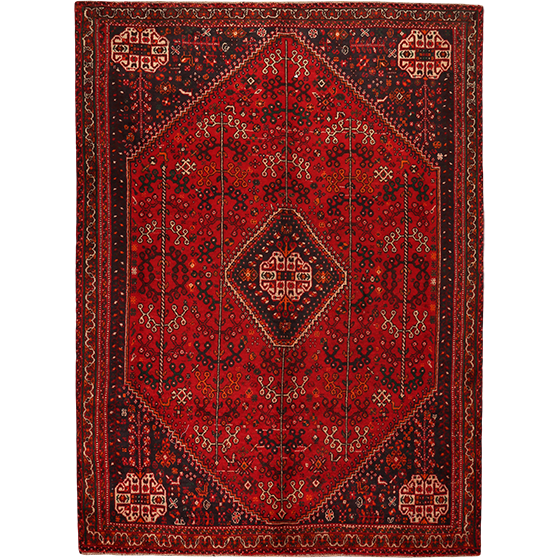 Shiraz Persian Rug 9x6 ft - Semi Antique Medallion (Toranj), Geometric Madder Red, Dark Red, Burgundy Hand Knotted | front view | SKU 111561