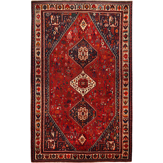 Shiraz Persian Rug 9x5 ft - Semi Antique Geometric Blue, Red Hand Knotted | front view | SKU 111562