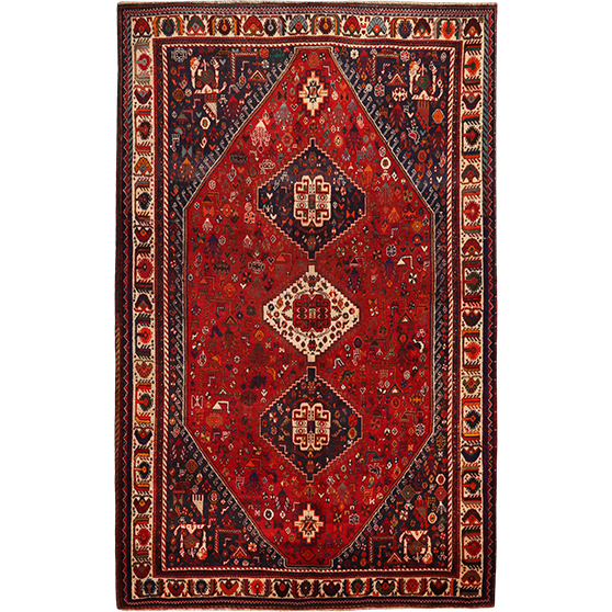 Shiraz Persian Rug 9'4" x 5'8" - Semi Antique Geometric Blue, Red Hand Knotted | front view | SKU 111562