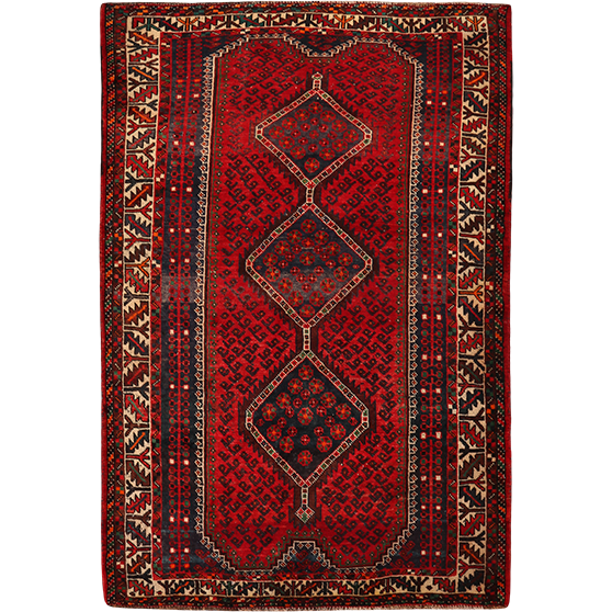 Shiraz Persian Rug 8'8" x 5'7" - Semi Antique Geometric Blue, Red Hand Knotted | front view | SKU 111564