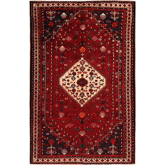 Shiraz Persian Rug 8'5" x 5'3" - Semi Antique Geometric Blue, Red Hand Knotted | front view | SKU 111566
