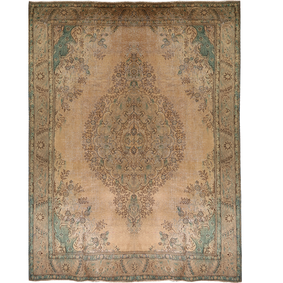 Tabriz Persian Rug 12x9 ft - Semi Antique Shah Abbasi, Medallion (Toranj) Camel, Sage Green, Brown Hand Knotted | front view | SKU 111572