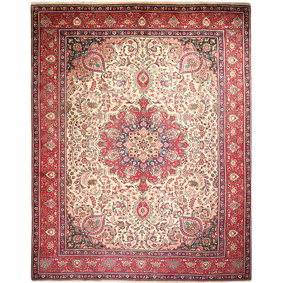Tabriz Persian Rug 12x9 ft - Semi Antique Shah Abbasi, Medallion (Toranj) Cream, Red, Navy Blue Hand Knotted | front view | SKU 111574