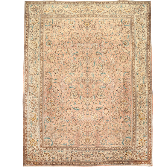 Tabriz Persian Rug 12x9 ft - Semi Antique Afshan All-Over, Shah Abbasi Cream, Camel, Beige Hand Knotted | front view | SKU 111575