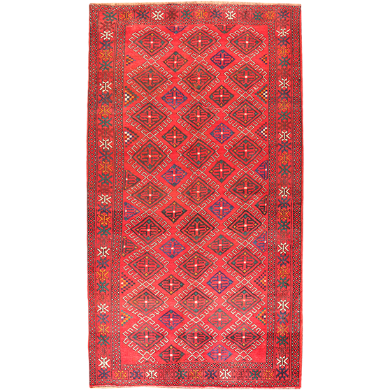 Quchan Persian Rug 9x5 ft - Semi Antique Medallion Red, Blue Hand Knotted | front view | SKU 111602