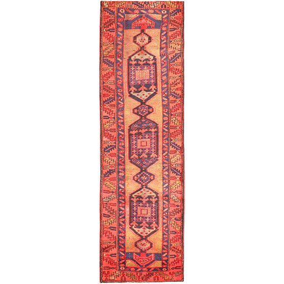 Meshkin Persian Rug 11x3 ft - Semi Antique Geometric Crimson, Green Hand Knotted | front view | SKU 111606