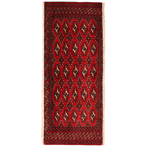 Turkmen Persian Rug 4x1 ft - Semi Antique Geometric, Turkmen Gul Dark Red, Navy Blue, Ivory Hand Knotted | front view | SKU 111608