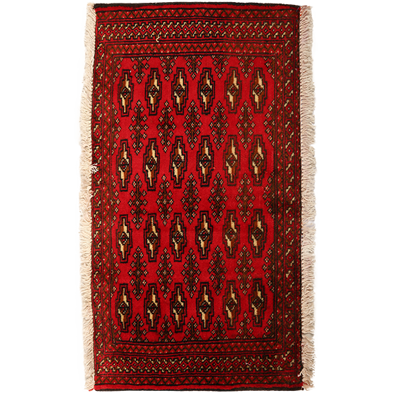 Turkmen Persian Rug 3x1 ft - Semi Antique Geometric, Turkmen Gul Crimson, Dark Red, Black Hand Knotted | front view | SKU 111609