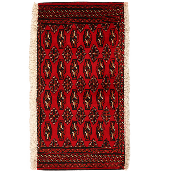 Turkmen Persian Rug 3'1" x 1'6" - Semi Antique Geometric Crimson, Navy Blue Hand Knotted | front view | SKU 111611
