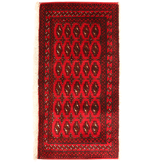 Turkmen Persian Rug 3'8" x 1'8" - Semi Antique Geometric Crimson, Navy Blue Hand Knotted | front view | SKU 111612