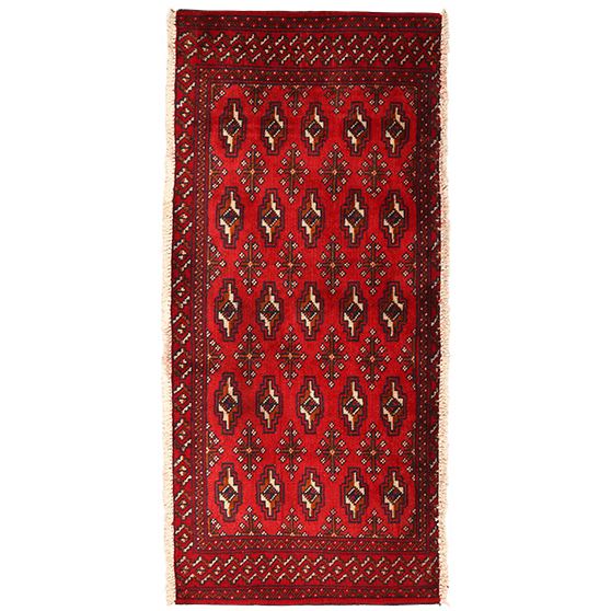 Turkmen Persian Rug 4x1 ft - Semi Antique Geometric Crimson, Navy Blue Hand Knotted | front view | SKU 111614