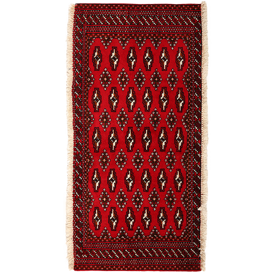 Turkmen Persian Rug 4'4" x 1'11" - Semi Antique Geometric Crimson, Navy Blue Hand Knotted | front view | SKU 111615