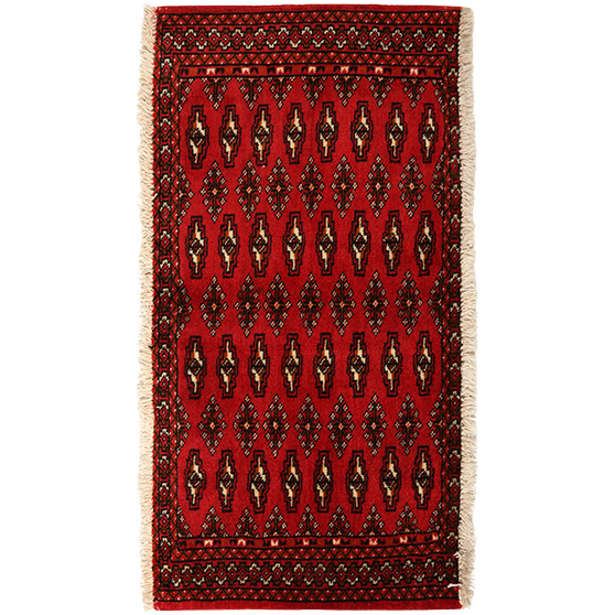 Turkmen Persian Rug 3x1 ft - Semi Antique Geometric Crimson, Navy Blue Hand Knotted | front view | SKU 111616
