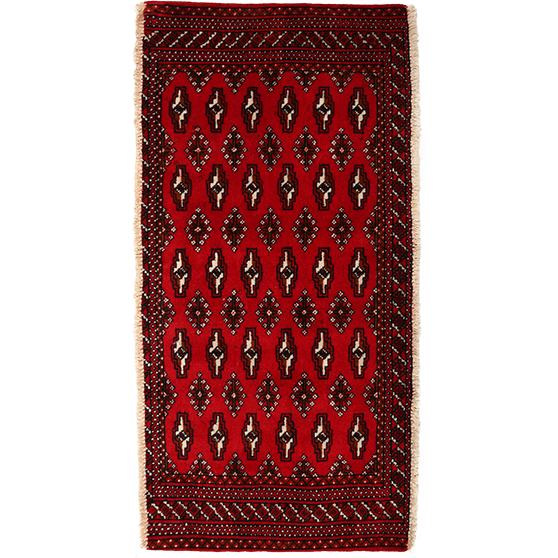 Turkmen Persian Rug 4x1 ft - Semi Antique Geometric, Turkmen Gul Crimson, Dark Red, Navy Blue Hand Knotted | front view | SKU 111621