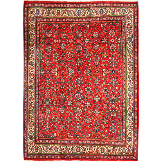 Mahal Persian Rug 9x6 ft - Semi Antique Herati (Mahi) Red, Cream, Navy Blue Hand Knotted | front view | SKU 111626