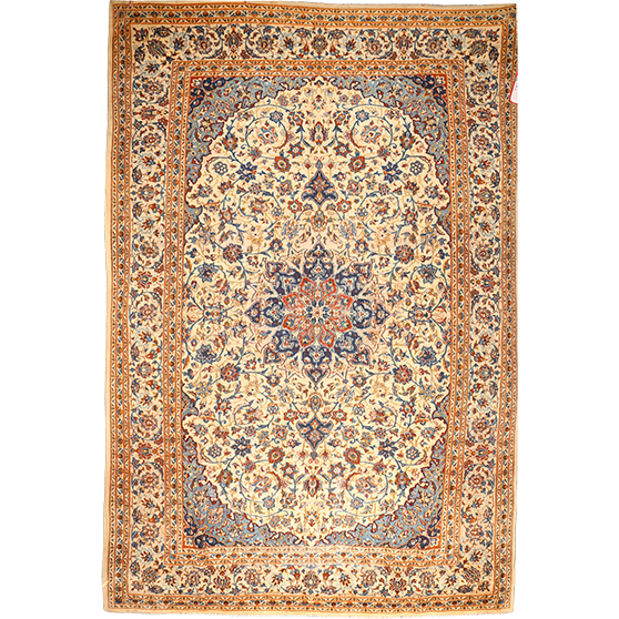 Najafabad Persian Rug 14x9 ft - Semi Antique Medallion Toranj, Shah Abbasi Ivory, Rust Red, Navy Blue Hand Knotted | front view | SKU 111627