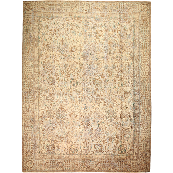 Tabriz Persian Rug 12x9 ft - Semi Antique Afshan All-Over, Shah Abbasi Cream, Beige, Camel Hand Knotted | front view | SKU 111629