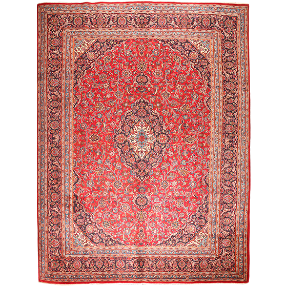 Kashan Persian Rug 12'6" x 9'1" - Semi Antique Medallion Crimson, Navy Blue Hand Knotted | front view | SKU 111630