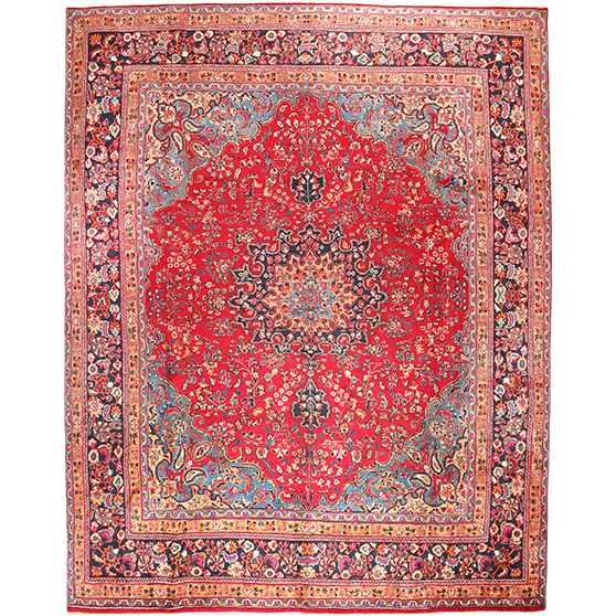 Sabzevar Persian Rug 12x9 ft - Semi Antique Shah Abbasi, Medallion (Toranj) Crimson, Navy Blue, Cream Hand Knotted | front view | SKU 111633