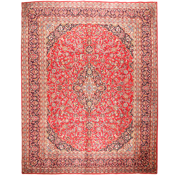Mashhad Persian Rug 12x9 ft - Semi Antique Medallion Toranj, Shah Abbasi Madder Red, Crimson, Navy Blue Hand Knotted | front view | SKU 111637